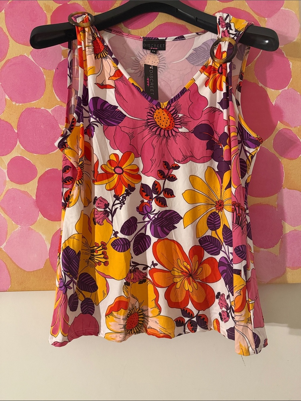 💛 NWT Discreet Pink, Yellow & Purple Floral Ring-Shoulder Tank